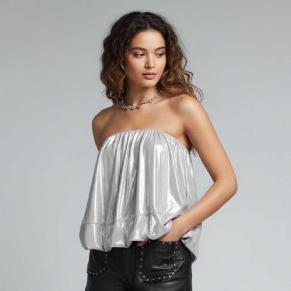 Anthro Maeve Silver Metallic Strapless Bubble Top NWT Size M Holiday Party
